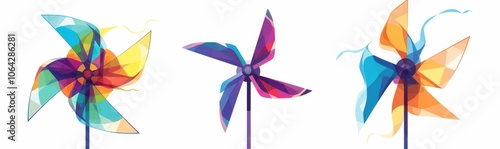 A set of three different windmill icons, each in a vibrant color, with five blades resembling pinwheels.  photo