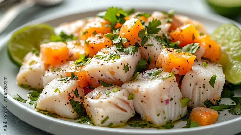 Ceviche with chunks of fish, fresh cilantro, and lime, arranged on a minimalist white plate, bright lighting enhancing colors and textures, clean, vibrant, and natural presentation. --ar 16:9 Ceviche with chunks of fish, fresh cilantro, and lime, arranged on a minimalist white plate, bright lighting enhancing colors and textures, clean, vibrant, and natural presentation. --ar 16:9