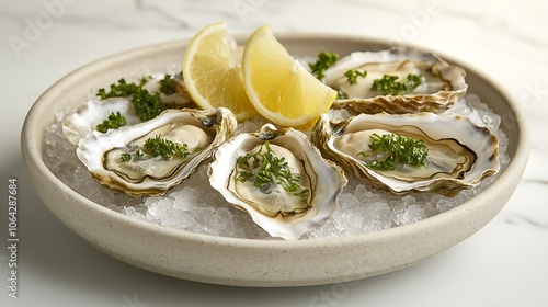 Chilled oysters on a light bed of crushed ice, garnished with lemon and parsley, soft shadows and natural lighting highlighting the shell details, fresh and minimalist styling. --ar 16:9