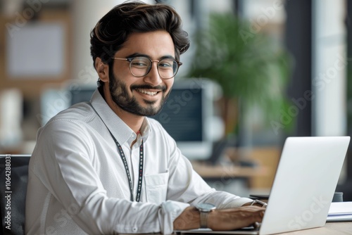 Smiling Young Businessman in Glasses Working on Laptop in Office