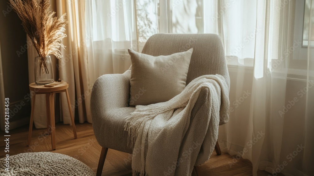 Fototapeta premium Cozy Living Room Chair with Soft Textiles