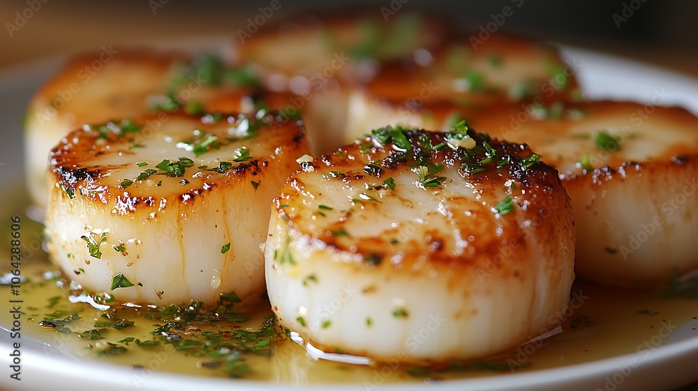 Close-up of golden-brown scallops drizzled with butter and herbs, served on a minimalist light plate, warm, soft lighting enhancing the textures, simple and inviting arrangement. --ar 16:9 Close-up of golden-brown scallops drizzled with butter and herbs, served on a minimalist light plate, warm, soft lighting enhancing the textures, simple and inviting arrangement. --ar 16:9
