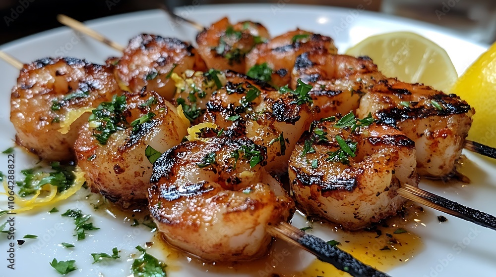 Close-up of grilled shrimp skewers, served on a white plate with herbs and lemon zest, soft light highlighting the textures and colors, clean, fresh, and inviting presentation. --ar 16:9 Close-up of grilled shrimp skewers, served on a white plate with herbs and lemon zest, soft light highlighting the textures and colors, clean, fresh, and inviting presentation. --ar 16:9