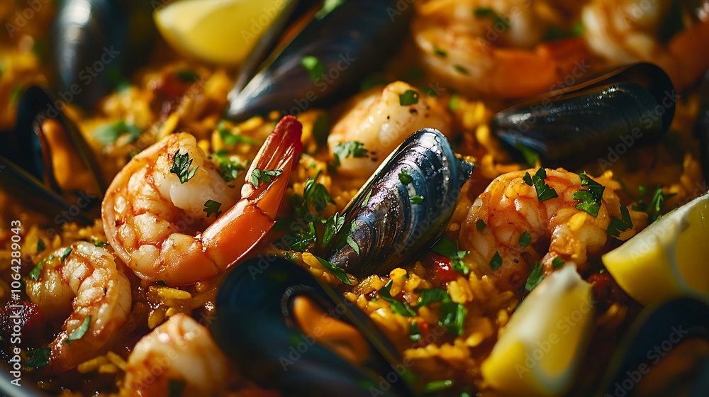 Close-up of seafood paella with shrimp, mussels, and saffron rice, shot from above, warm natural lighting emphasizing the rich colors and textures, garnished with fresh parsley and lemon wedges, Close-up of seafood paella with shrimp, mussels, and saffron rice, shot from above, warm natural lighting emphasizing the rich colors and textures, garnished with fresh parsley and lemon wedges,