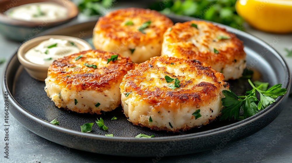 Crab cake drizzled with creamy aioli on a light background, warm lighting highlighting its golden crust and soft texture, garnished with a few sprigs of herbs, clean and appetizing style. --ar 16:9 Crab cake drizzled with creamy aioli on a light background, warm lighting highlighting its golden crust and soft texture, garnished with a few sprigs of herbs, clean and appetizing style. --ar 16:9