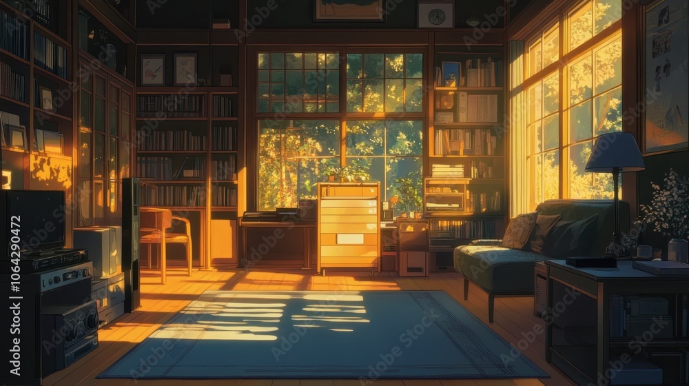Cozy Sunlit Room with Books and Comfortable Furniture Cozy Sunlit Room with Books and Comfortable Furniture