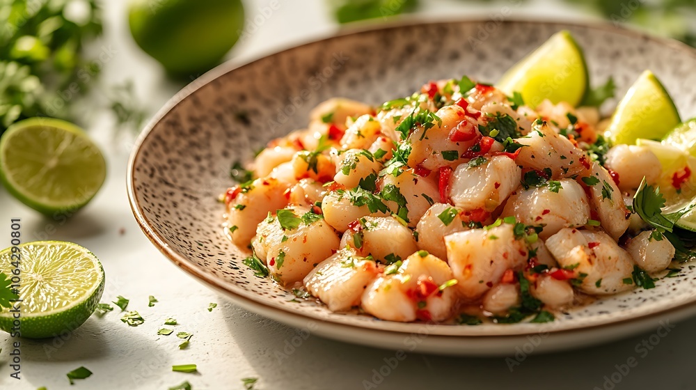 Fresh ceviche with chunks of fish, cilantro, and lime wedges on a minimalist plate, bright lighting highlighting juicy textures, vibrant and inviting food styling, set against a light background. Fresh ceviche with chunks of fish, cilantro, and lime wedges on a minimalist plate, bright lighting highlighting juicy textures, vibrant and inviting food styling, set against a light background.