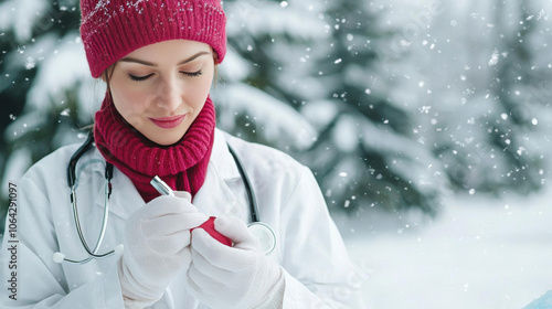 A woman in winter attire holds a medical device while snow falls around her, blending healthcare and nature beautifully.