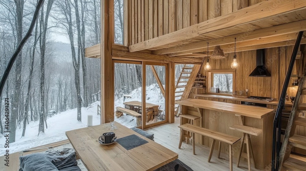 Cozy Modern Cabin Interior Surrounded by Snowy Trees Cozy Modern Cabin Interior Surrounded by Snowy Trees