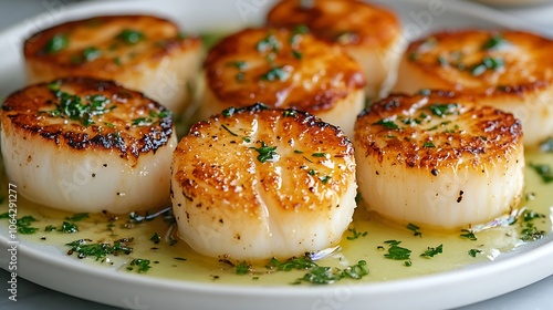 Fresh pan-seared scallops with butter and herb sauce, arranged on a light plate with delicate lighting emphasizing the golden brown crust, garnished with herbs, inviting and minimalist styling.