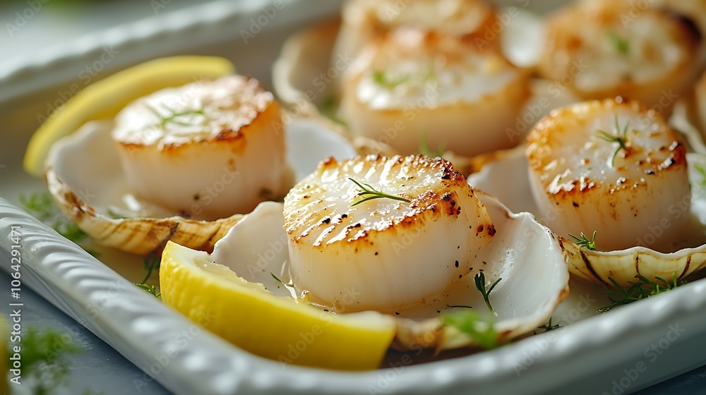 Fresh scallops in their shells on a white ceramic tray, garnished with lemon wedges and herbs, gentle natural light illuminating the smooth surfaces, soft focus effect adding an airy feel, Fresh scallops in their shells on a white ceramic tray, garnished with lemon wedges and herbs, gentle natural light illuminating the smooth surfaces, soft focus effect adding an airy feel,