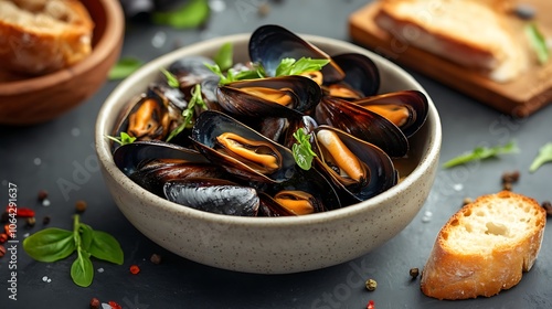 Freshly cooked mussels in a light bowl, bathed in white wine sauce, with crusty bread beside, soft warm lighting bringing out the glossy shells and aromatic sauce, rustic and appetizing composition.