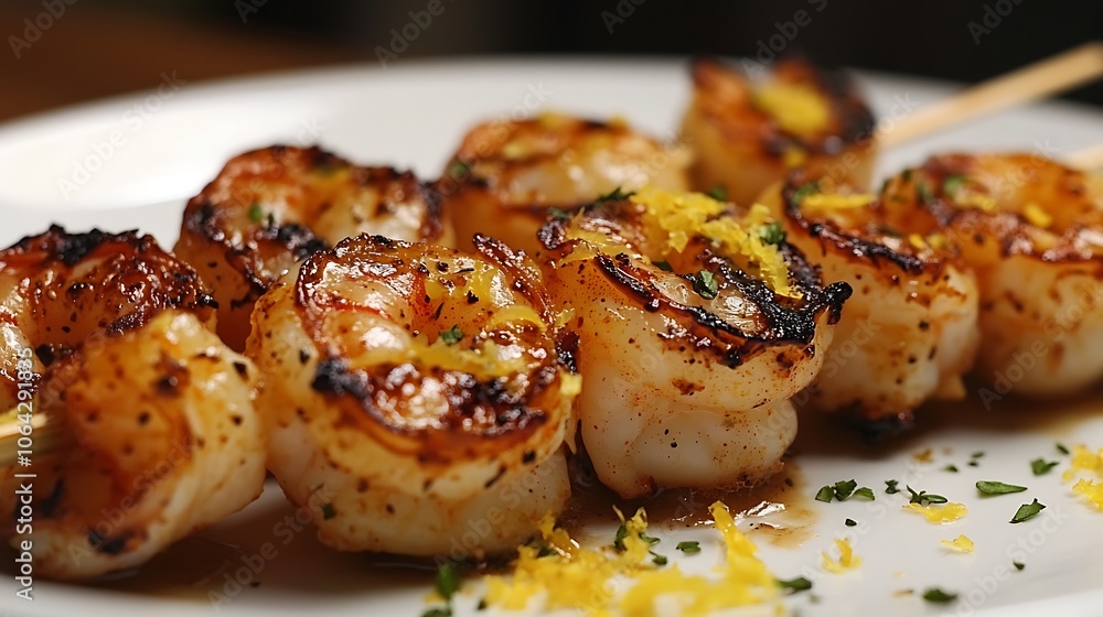 Freshly grilled shrimp skewers on a white plate, sprinkled with lemon zest and herbs, soft natural light highlighting golden char marks, simple and appetizing presentation. --ar 16:9 Freshly grilled shrimp skewers on a white plate, sprinkled with lemon zest and herbs, soft natural light highlighting golden char marks, simple and appetizing presentation. --ar 16:9