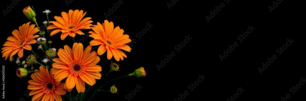 Orange flowers arranged on a black background with a dramatic and elegant contrast, contrast, bloom, floral arrangement Orange flowers arranged on a black background with a dramatic and elegant contrast, contrast, bloom, floral arrangement