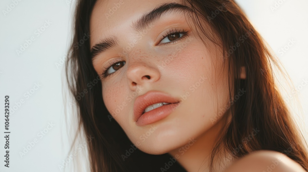 A young woman with clear skin and bright eyes, her face illuminated by soft sunlight A young woman with clear skin and bright eyes, her face illuminated by soft sunlight