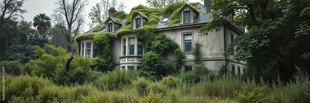 Abandoned mansion with overgrown vegetation, windows shattered, overgrown vegetation Abandoned mansion with overgrown vegetation, windows shattered, overgrown vegetation
