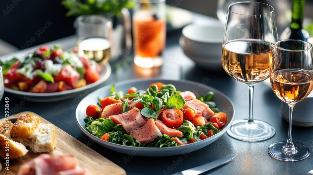 Fresh Salad with Salmon and Wine Glasses on Table Fresh Salad with Salmon and Wine Glasses on Table