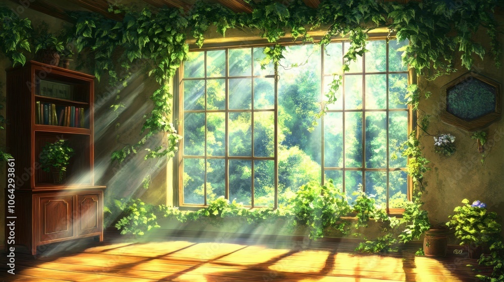 Serene Sunlit Room with Lush Greenery Serene Sunlit Room with Lush Greenery