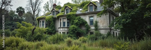 Abandoned mansion with overgrown vegetation, windows shattered, overgrown vegetation