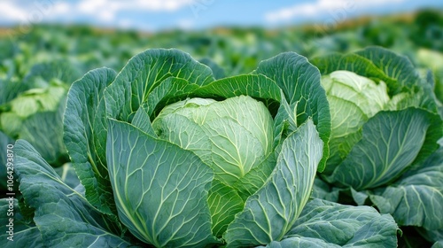 Fresh Green Cabbage Growing in a Field