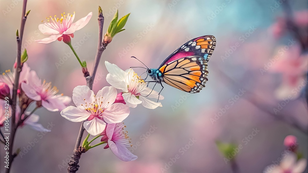 A delicate butterfly with vibrant wings rests upon a soft pink blossom, surrounded by a gentle aura of springtime beauty. A delicate butterfly with vibrant wings rests upon a soft pink blossom, surrounded by a gentle aura of springtime beauty.
