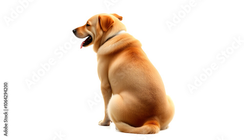 Large Dog Sitting Facing Away Looking Back Over Shoulder With Happy expression. Extracted on a transparent background isolated with white shades, png