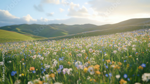 vibrant field of wildflowers in full bloom, surrounded by rolling green hills under bright sky. scene evokes sense of tranquility and natural beauty