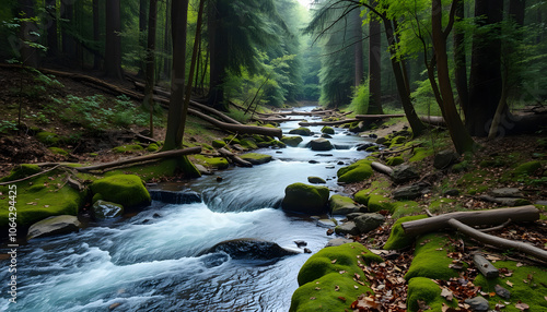 Flowing Stream in Springbrook Forest isolated with white shades, png photo