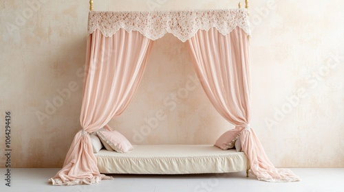 An empty scene featuring blank mockup template (pastel-colored canopy bed with lace curtains for National Princess Day Mock Up Background Template),