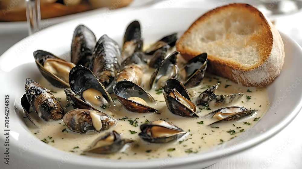 Mussels in white wine sauce, arranged in a clean white bowl, with a slice of crusty bread on the side, soft lighting enhancing the glossy shells, vibrant and warm, appetizing presentation. --ar 16:9 Mussels in white wine sauce, arranged in a clean white bowl, with a slice of crusty bread on the side, soft lighting enhancing the glossy shells, vibrant and warm, appetizing presentation. --ar 16:9