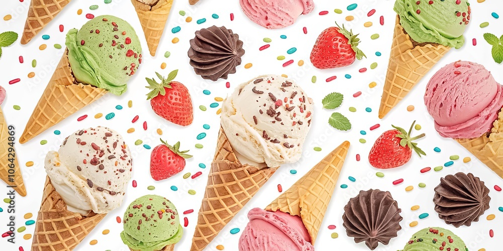 A delightful assortment of ice cream flavors in cones and cups, decorated with sprinkles and fresh strawberries. The creamy scoops are ready to be savored, a tempting sweet treat for any occasion. A delightful assortment of ice cream flavors in cones and cups, decorated with sprinkles and fresh strawberries. The creamy scoops are ready to be savored, a tempting sweet treat for any occasion.