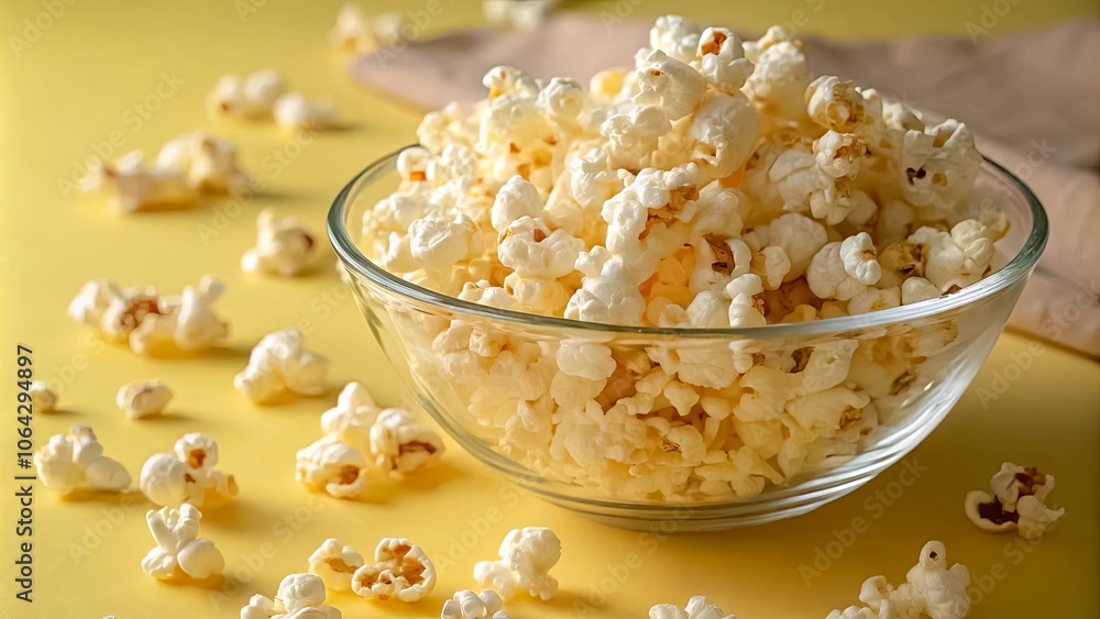 A clear bowl brimming with fluffy popcorn, scattered kernels creating a delightful pattern on a bright yellow background. A clear bowl brimming with fluffy popcorn, scattered kernels creating a delightful pattern on a bright yellow background.
