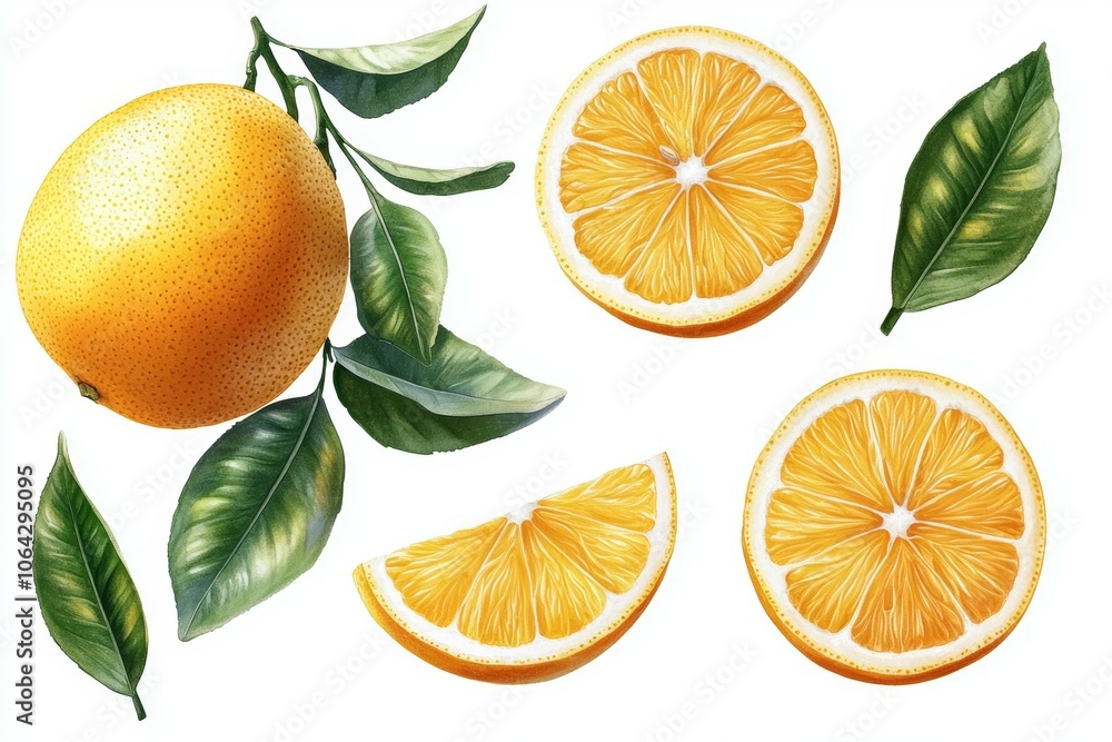 A drawing of an orange with a leaf and a slice of orange A drawing of an orange with a leaf and a slice of orange