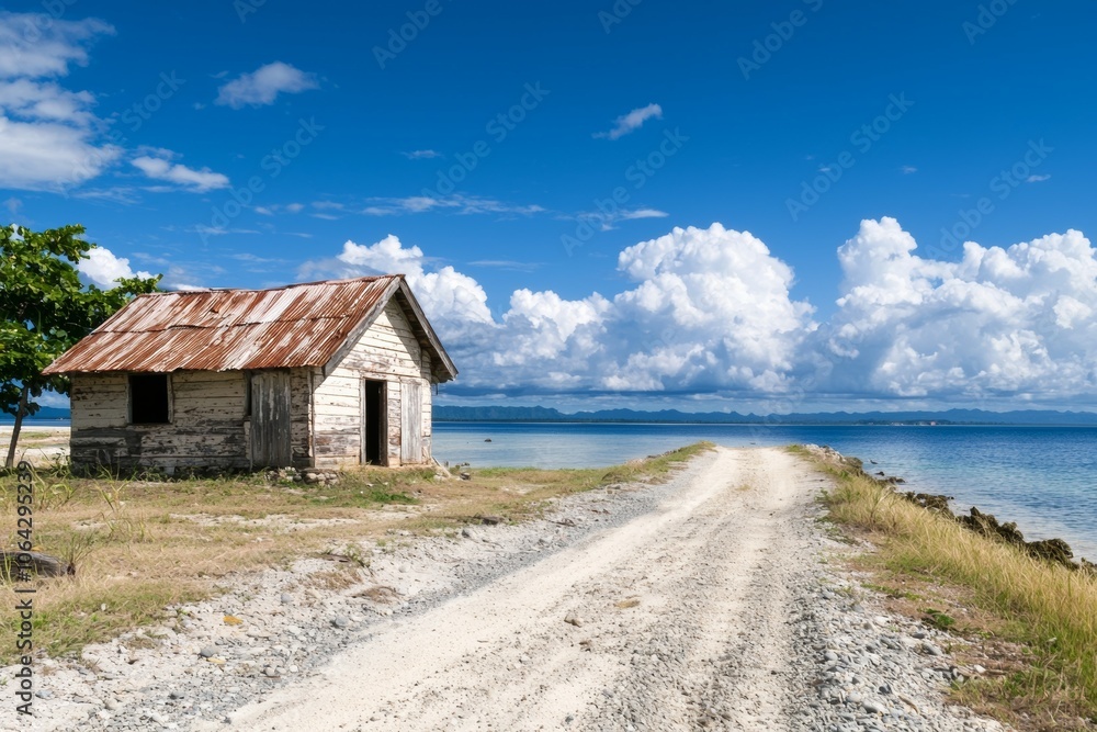 A small shack sits on a dirt road next to a body of water A small shack sits on a dirt road next to a body of water