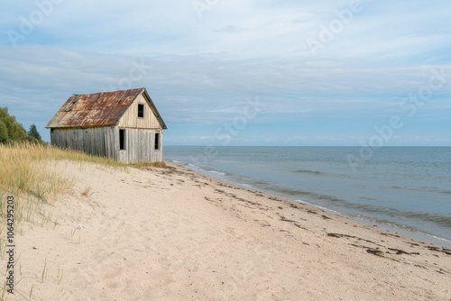 A small, old, wooden house sits on a beach