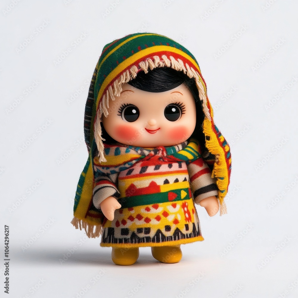 A colorful doll dressed in traditional attire with a vibrant hood. A colorful doll dressed in traditional attire with a vibrant hood.