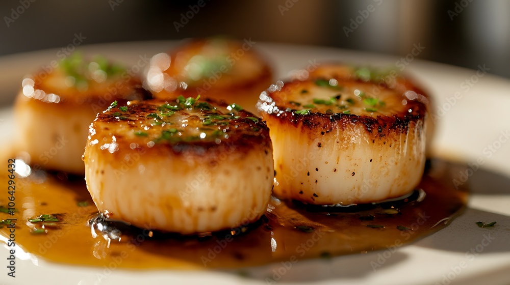Pan-seared scallops with golden crust, drizzled in butter and topped with fresh herbs, arranged on a clean, light plate, warm, diffused lighting creating a soft, appetizing glow. --ar 16:9 Pan-seared scallops with golden crust, drizzled in butter and topped with fresh herbs, arranged on a clean, light plate, warm, diffused lighting creating a soft, appetizing glow. --ar 16:9