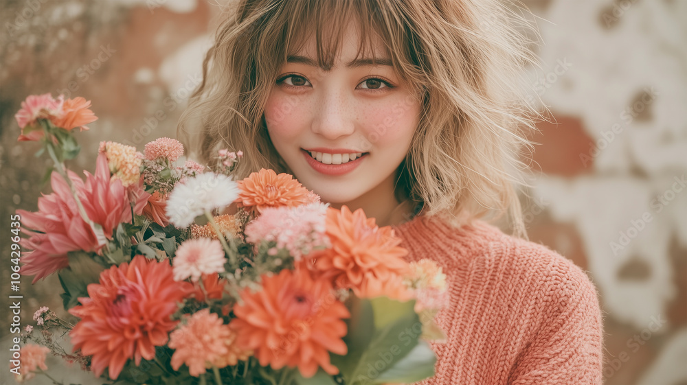 花束と笑顔の女性 花束と笑顔の女性