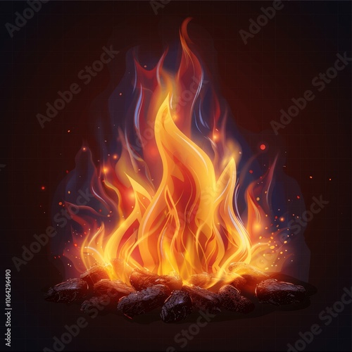 Realistic Cartoon Fire Vector Illustration with Smoke and Embers on Dark Background photo