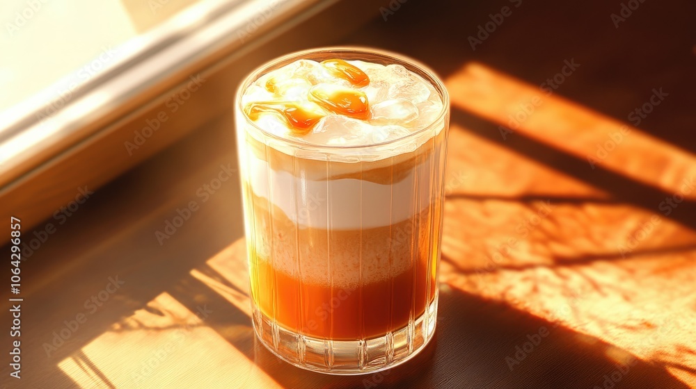Creamy Layered Dessert in Glass with Sunlight Creamy Layered Dessert in Glass with Sunlight