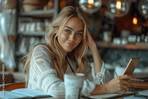 Young happy businesswoman talking on mobile phone while writing notes at office desk during meeting