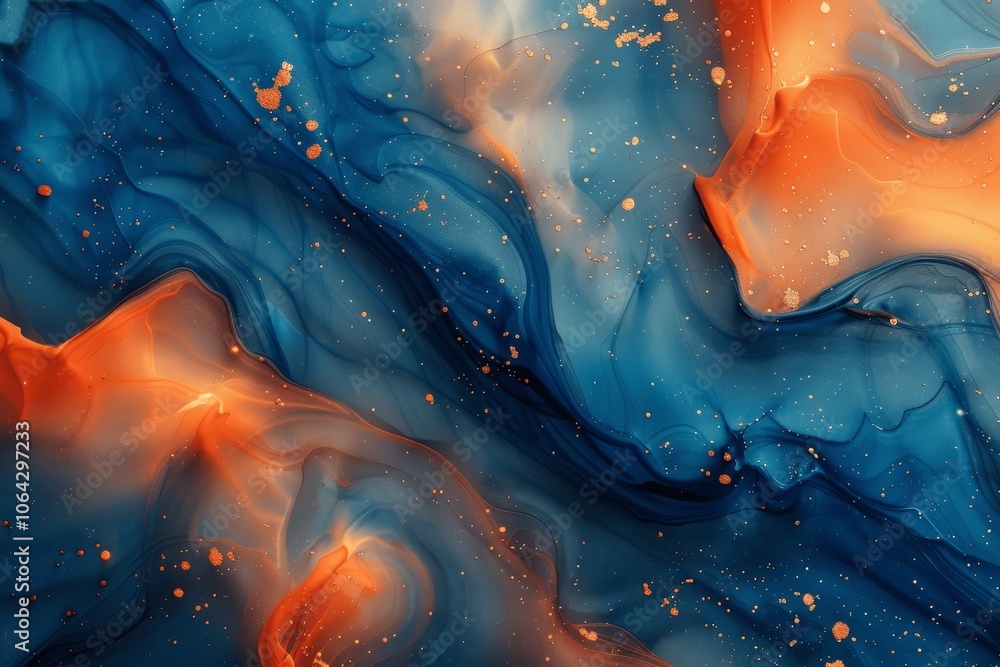 Obraz premium Translucent liquid patterns with metallic swirls, foamy color sprays, luxury abstract fluid art in blue and orange with gold splashes