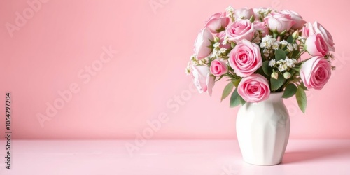 Pink pastel vertical banner with bouquet of pink roses in retro shabby chic vase, pastel, banner, bouquet