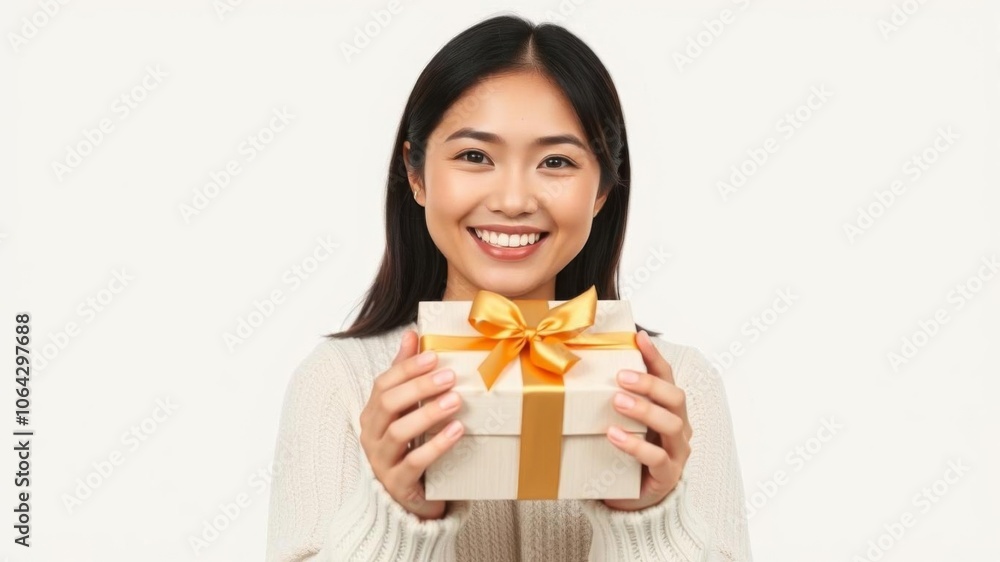 Portrait of young smiling Asian woman holding gift box in hands on white background, white background, holiday, cheerful Portrait of young smiling Asian woman holding gift box in hands on white background, white background, holiday, cheerful