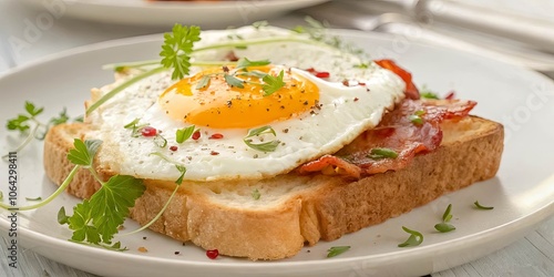 A perfectly cooked fried egg atop toasted bread, accompanied by crispy bacon and fresh herbs, creating a delicious and satisfying breakfast.