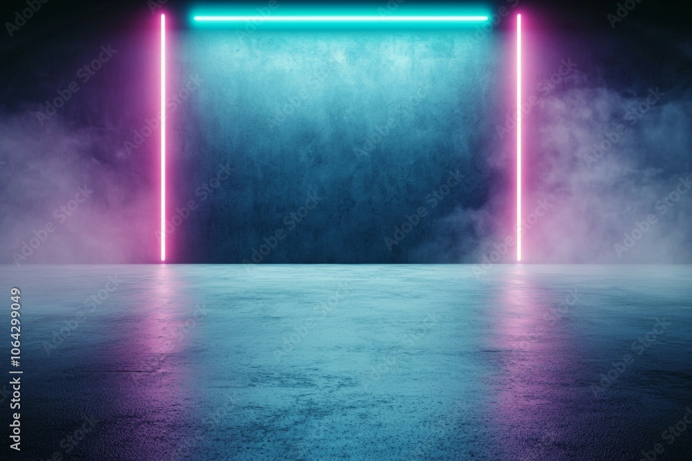 A neon blue and pink lighted room with a large empty space A neon blue and pink lighted room with a large empty space