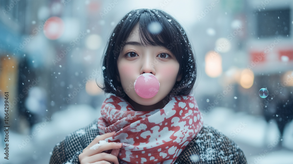 雪の日に都市通りで遊ぶ女性 雪の日に都市通りで遊ぶ女性