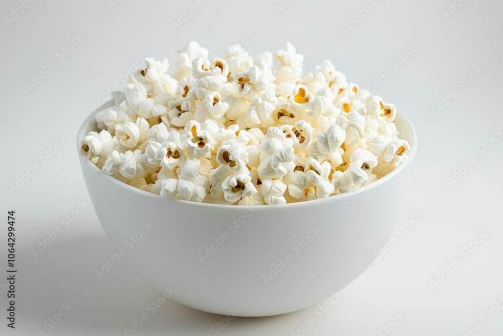 A bowl of white popcorn is sitting on a white table A bowl of white popcorn is sitting on a white table