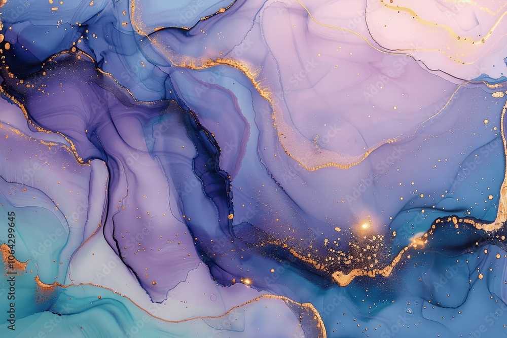 Naklejka premium Elegant Blue and Purple Fluid Art with Golden Swirls in Pastel Colors, Abstract Alcohol Ink Painting with Transparent Waves, Tender and Dreamy Artwork for Posters and Printed Materials
