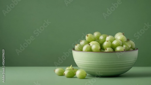 Fresh Green Gooseberries in a Bowl on Green Surface